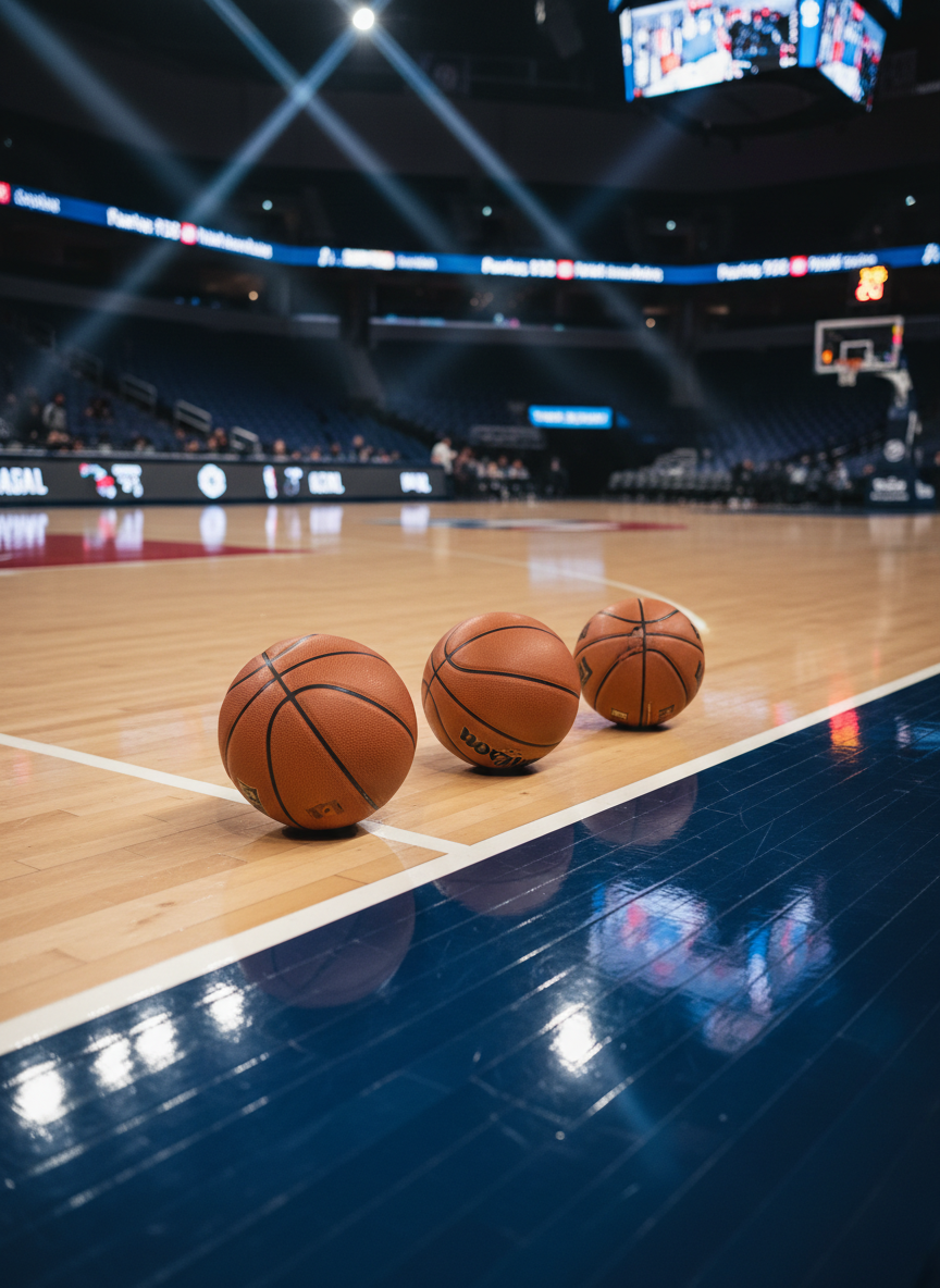 A tightly framed 3v3 half-court setup under bright San Antonio arena lights, seen from an elevated sideline angle. Three neatly arranged basketballs sit along the three-point line, their textured surfaces and subtle scuff marks showcasing heavy use and serious play. Crisp white and deep navy boundary lines cut across the warm wooden floor, with a bold red-painted key adding visual punch. In the background, LED-style scoreboards and digital banners glow softly out of focus, hinting at league branding and media coverage without any text. The lighting is cinematic and dramatic, with strong overhead illumination casting vivid reflections on the floor, creating an energetic, high-intensity atmosphere that captures the essence of youth basketball competition.