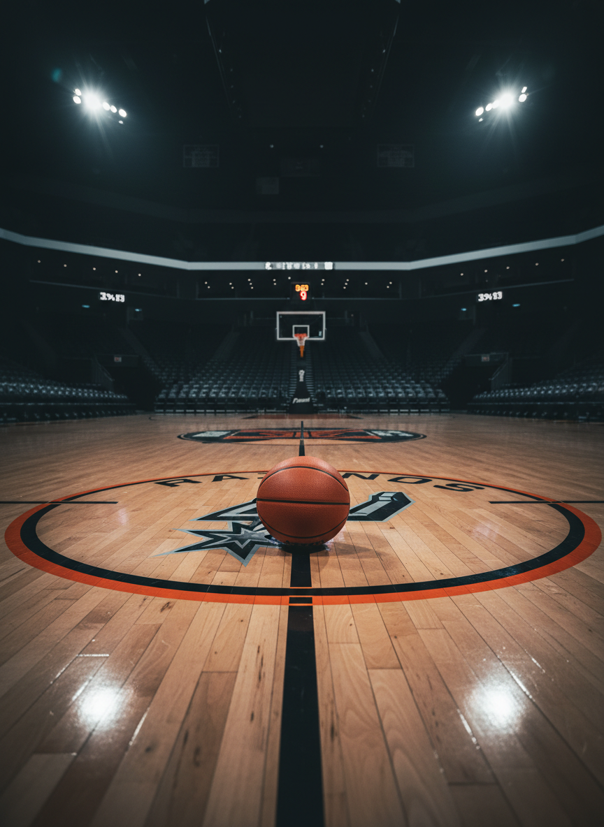 A gleaming indoor basketball court in San Antonio, polished maple floor reflecting the bold black and burnt-orange court lines of a custom 3v3 layout. At center stage, a single pristine basketball rests on the logo circle, its deep orange pebble texture and crisp black channels rendered in cinematic detail. Overhead arena lights pour down in dramatic beams, creating sharp contrasts and long shadows that emphasize the court’s geometry. The distant bleachers and shot clocks fade into a soft blur, suggesting a packed event without showing any people. Captured from a low, wide-angle perspective, the composition feels like a movie still before tipoff, bold and dynamic, with high-contrast, photorealistic style and intense, saturated colors conveying anticipation and high-stakes competition.