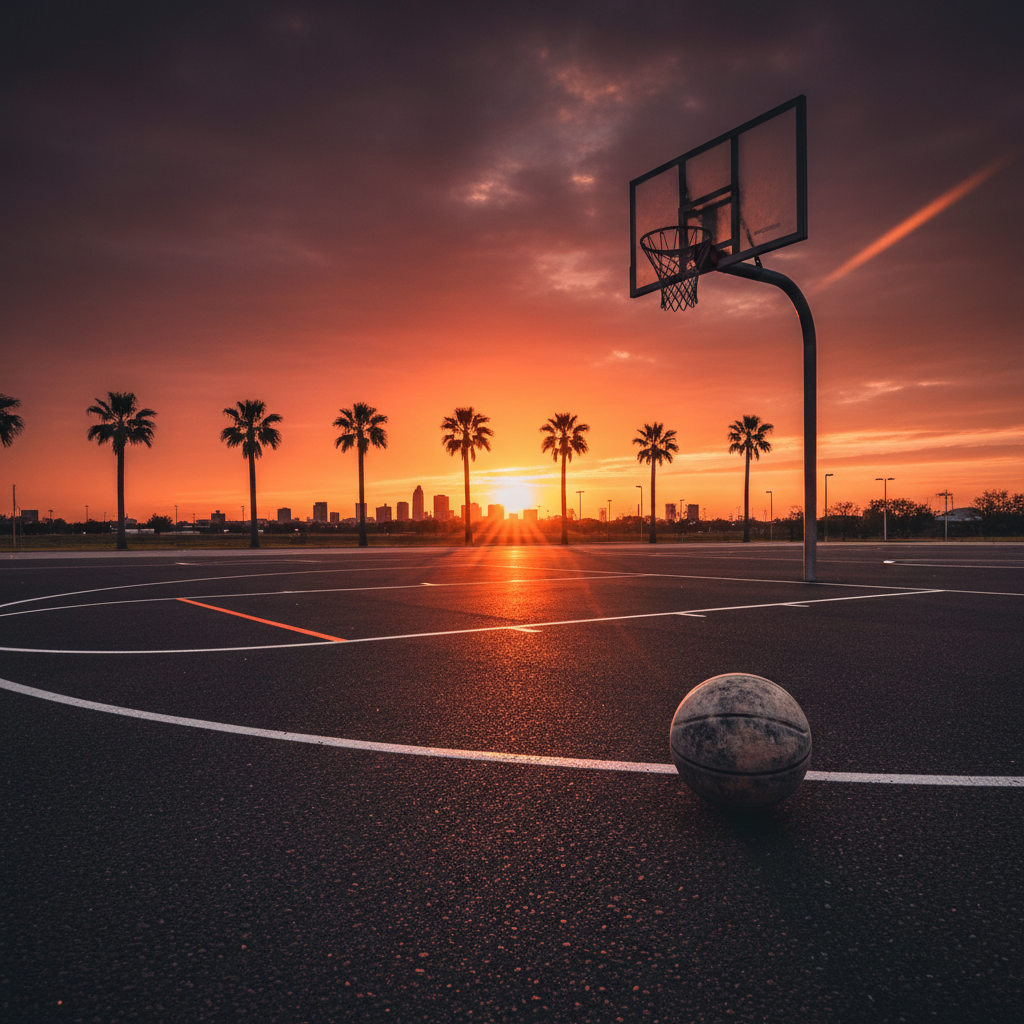 An outdoor San Antonio blacktop court at golden hour, designed for youth 3v3 action. The sun hangs low, casting long, cinematic shadows from the sturdy metal hoop and chain net onto the slightly worn asphalt. Fresh white and bright orange paint define the half-court, 3-point arc, and check line, with a single ball resting just beyond the arc, its surface marked from hours of play. In the far distance, the faint silhouette of the city skyline and a few palm trees soften into a warm haze. The sky burns with saturated oranges and purples, while lens flare grazes the edge of the frame. Captured from a wide, slightly low angle, the mood is bold, aspirational, and electric, celebrating the roots of youth basketball culture.