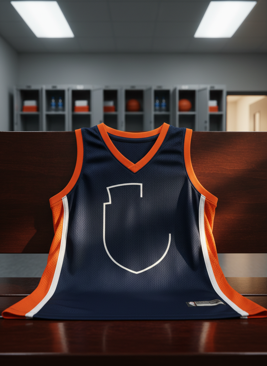 A cinematic close-up of a custom youth league basketball jersey draped over a polished wooden bench in a locker room, no mannequin or body visible. The fabric is deep navy with vivid orange side panels and sharp white striping along the edges, rendered with visible mesh texture and subtle stitching detail. A stylized emblem shape sits on the chest, hinting at league branding without any readable text or logos. Behind it, open metal lockers reveal neatly stacked basketballs, towels, and water bottles, all slightly out of focus. Overhead fluorescent fixtures mix with a warm side light from an unseen doorway, creating dramatic shadows and highlights that feel like a pre-game movie scene. The composition is centered, intimate, and bold, evoking preparation and pride in the youth basketball stage.
