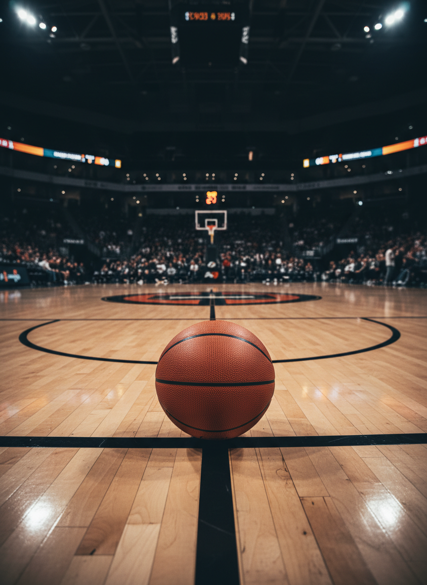 A gleaming indoor basketball court in San Antonio, polished maple floor reflecting the bold black and burnt-orange court lines of a custom 3v3 layout. At center stage, a single pristine basketball rests on the logo circle, its deep orange pebble texture and crisp black channels rendered in cinematic detail. Overhead arena lights pour down in dramatic beams, creating sharp contrasts and long shadows that emphasize the court’s geometry. The distant bleachers and shot clocks fade into a soft blur, suggesting a packed event without showing any people. Captured from a low, wide-angle perspective, the composition feels like a movie still before tipoff, bold and dynamic, with high-contrast, photorealistic style and intense, saturated colors conveying anticipation and high-stakes competition.