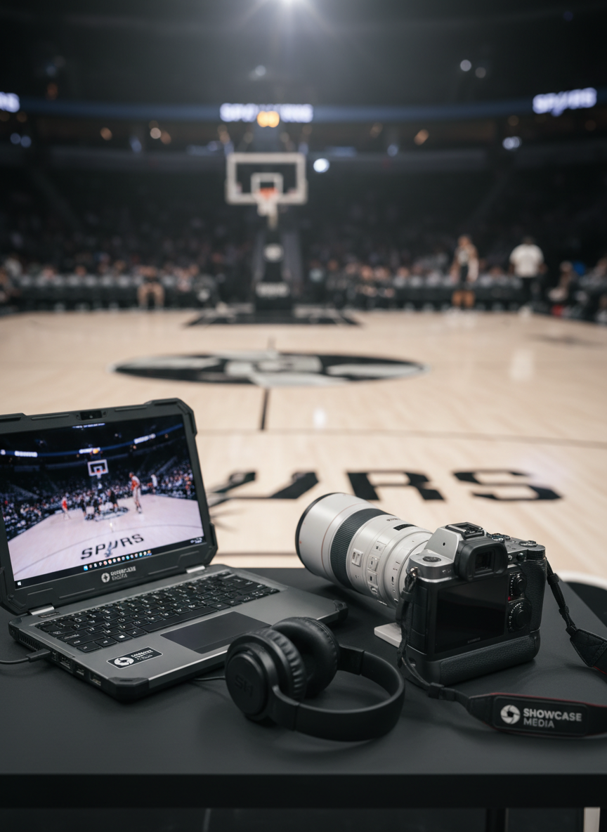 A dedicated ‘Showcase Media’ courtside setup, captured like a behind-the-scenes cinematic still. On a sleek black table at the edge of a San Antonio basketball court, a high-end mirrorless camera with a large telephoto lens, a pair of over-ear headphones, and a rugged laptop sit arranged in an organized layout. The laptop screen glows faintly, reflecting subtle blurred footage of a game in progress, while the court’s bold lines and distant hoop stretch into soft bokeh behind. Arena lights above cast sharp highlights across the metallic camera body and textured rubber lens grip, creating a high-contrast, tech-forward atmosphere. Shot from a three-quarter angle with shallow depth of field, the image emphasizes professional-level coverage and storytelling around youth basketball.