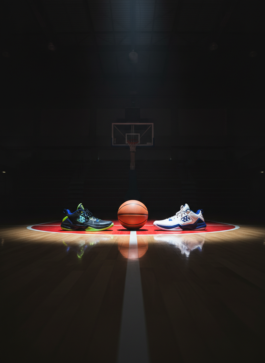A dramatic 1v1 showdown scene suggested entirely through objects: two contrasting pairs of basketball shoes facing each other at the top of the key, one sleek black with neon accents, the other crisp white with deep blue detailing. Between them, a single game-ready basketball sits perfectly centered on the free-throw line. The court’s glossy surface mirrors the footwear and ball, with bold sideline markings stretching into the dimly lit distance. Overhead spotlights create a focused pool of light around the confrontation area, while the rest of the gym falls into moody shadows. Shot from a low, cinematic angle near floor level, the composition feels tense and confrontational, emphasizing rivalry, skill, and the intensity of 1v1 battles without using any human figures.